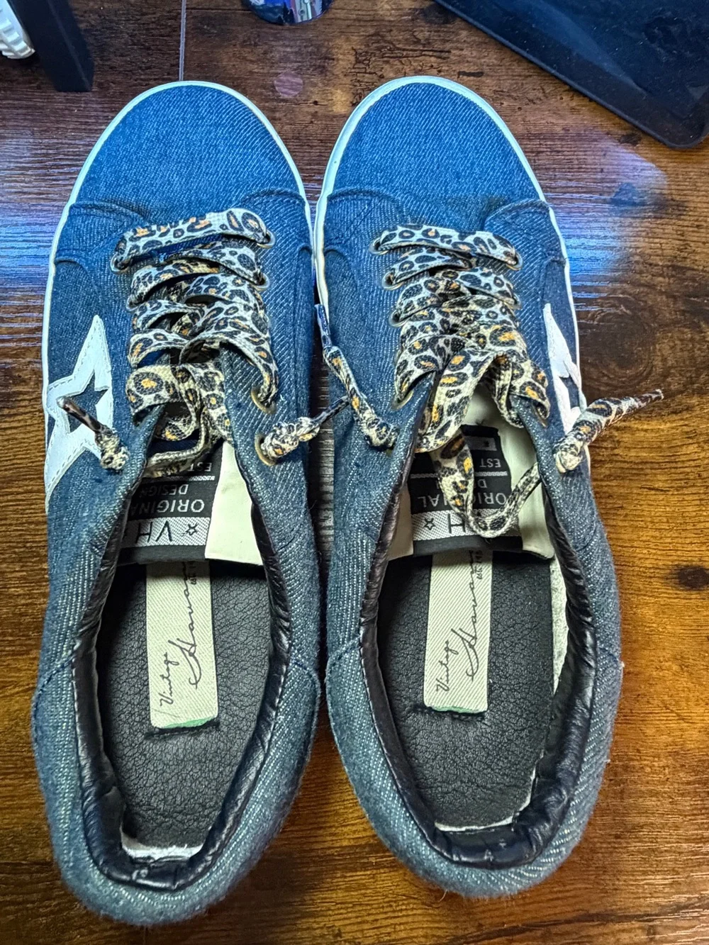 Vintage Denim Star Sneakers with Leopard Laces